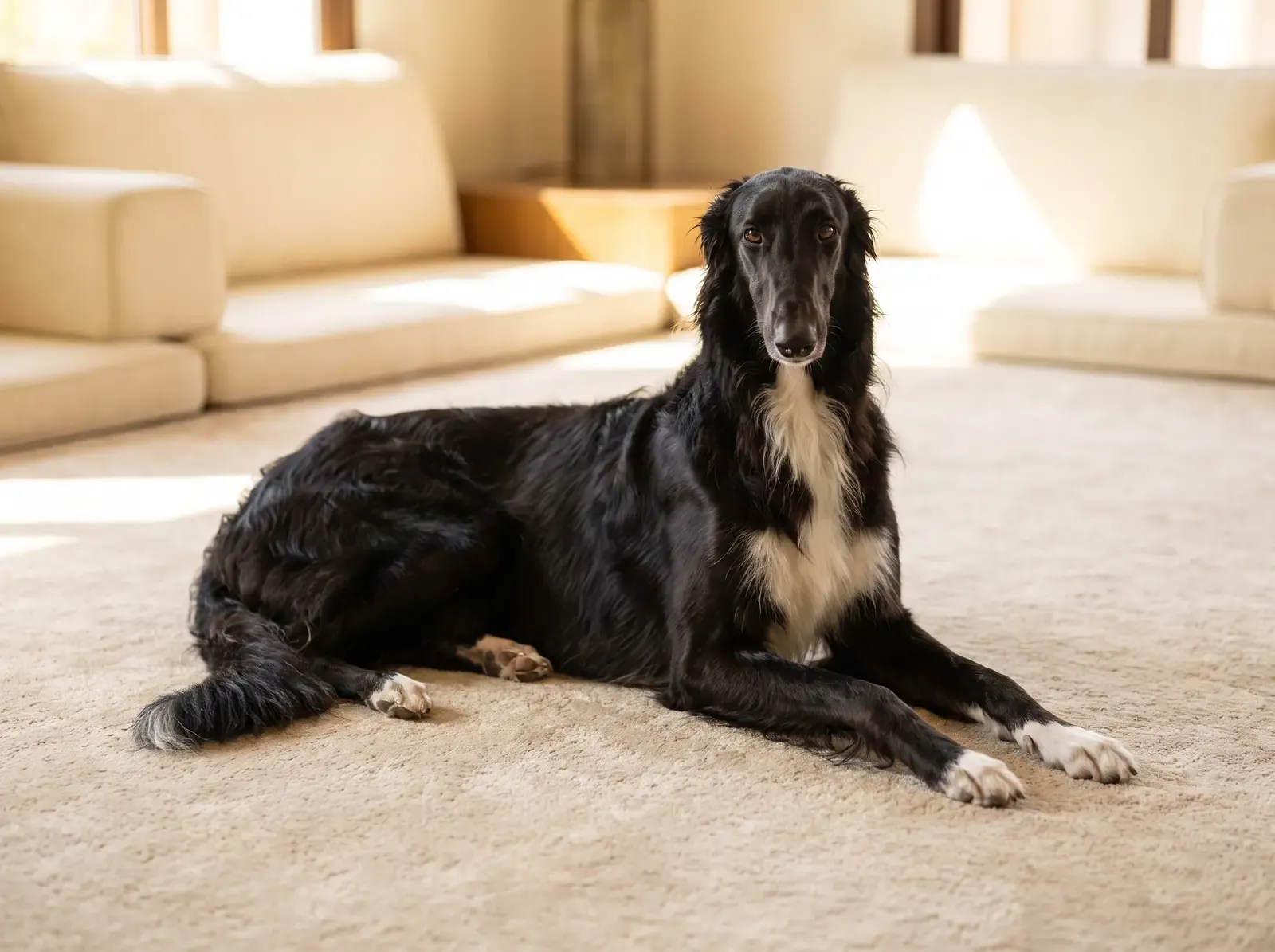 Borzoi, a black adult with a white chest lying on a stone rug among low cream cushions