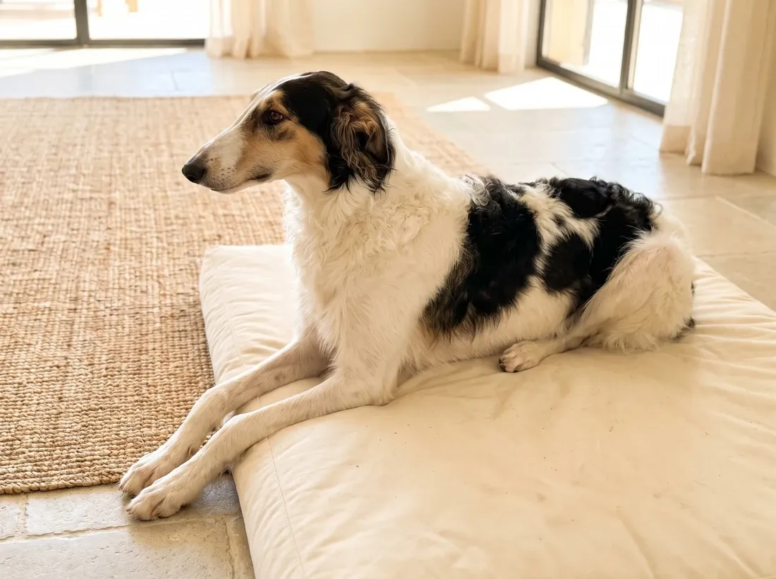 Borzoi, a young white, black and tan dog lying on a long padded bed beside a jute rug on cool tiles