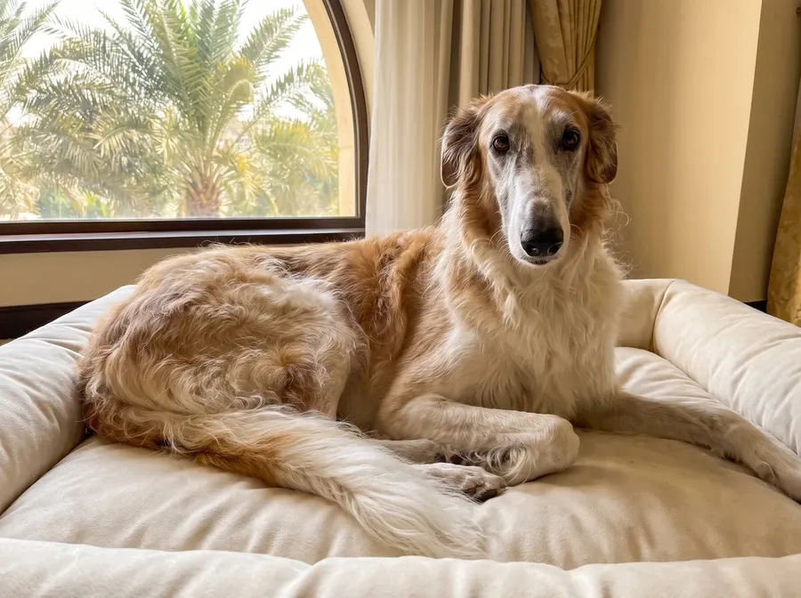 Borzoi in Dubai, an older white and gold dog with a greying muzzle on a padded bed by a window onto palms