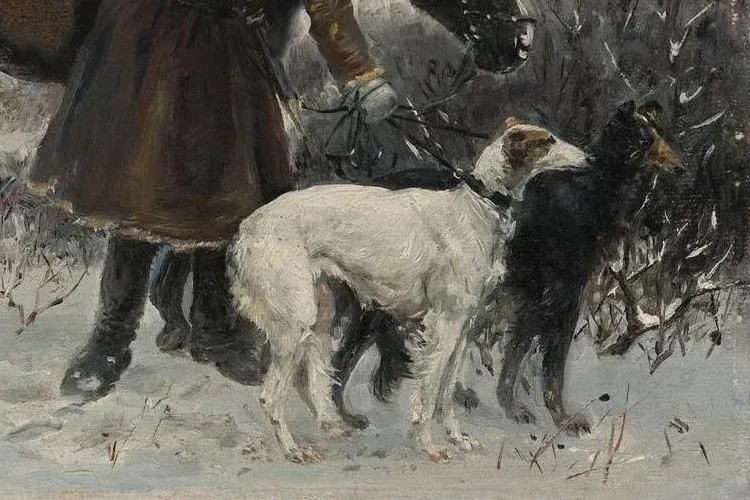 Borzoi history, a huntsman leading a white and a black hound through snow, painted by Sergey Voroshilov, Russia, 1894
