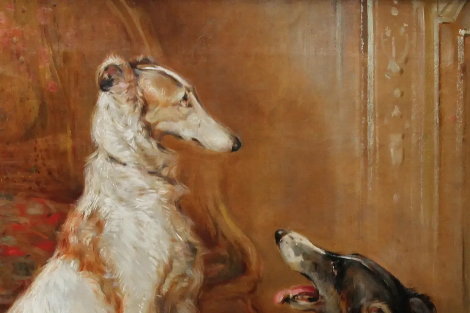 Borzoi history, two hounds resting in a drawing room, painted by Philip Eustace Stretton, Britain, 1910