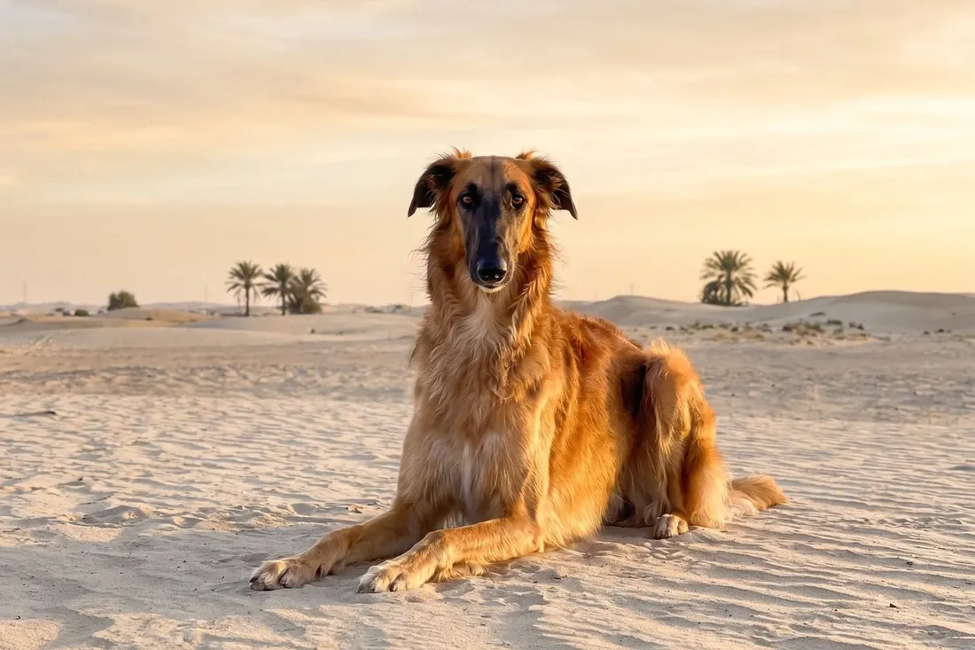 Borzoi history, the breed today, a red gold adult lying on desert sand among date palms, Dubai, 2026