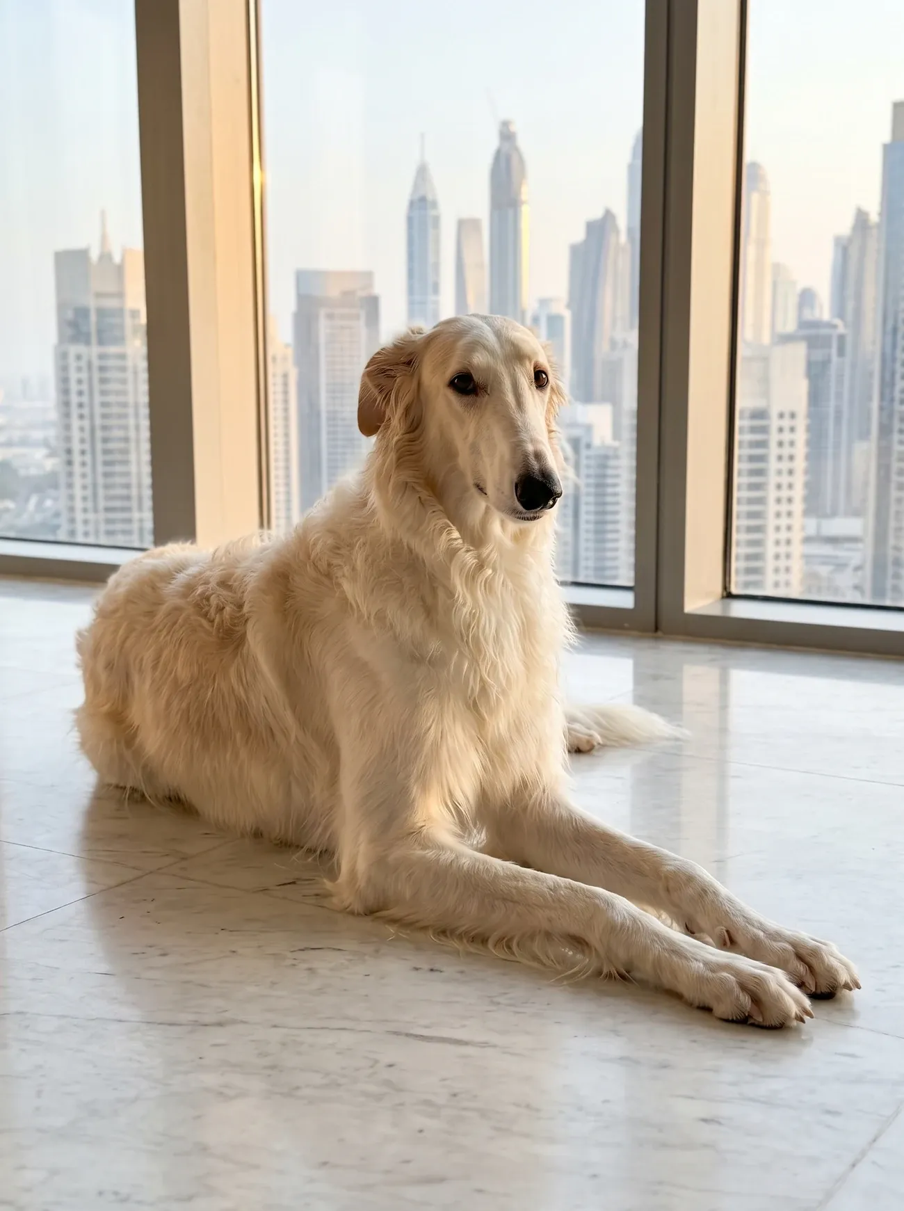 Borzoi in Dubai, the same cream adult lying on cool marble with the skyline behind
