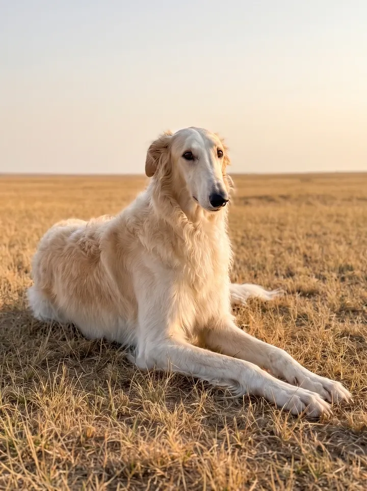 Borzoi, a cream adult lying with head up on dry grass on open steppe under a wide sky