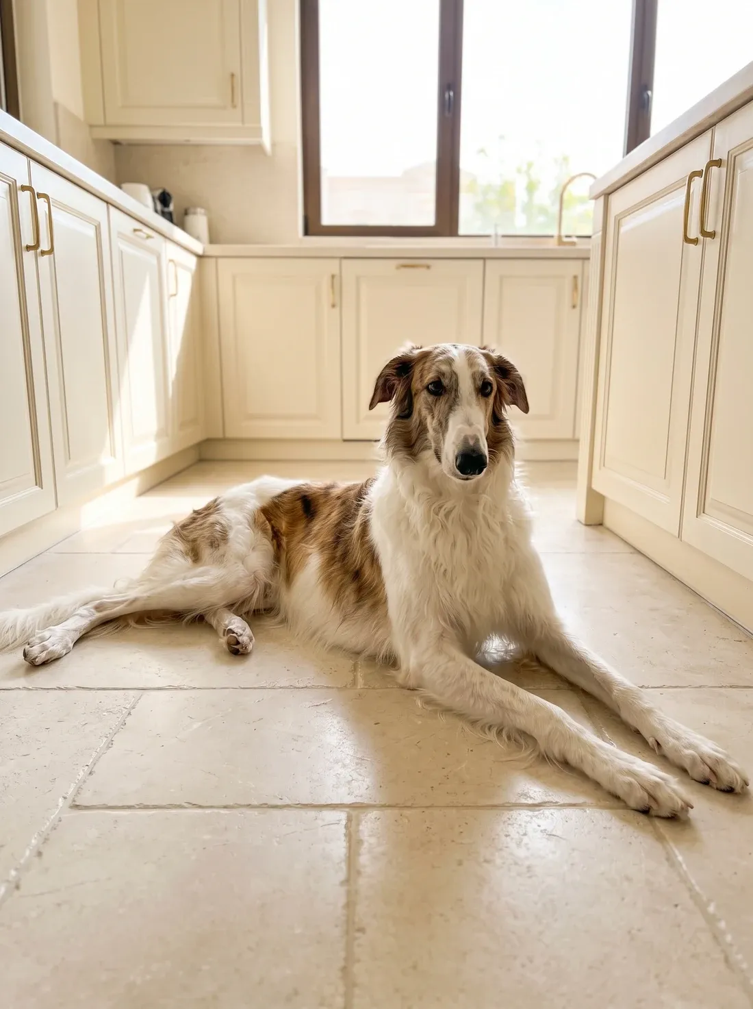 Borzoi, a white and brindle adult stretched out on cool stone tiles in a bright kitchen