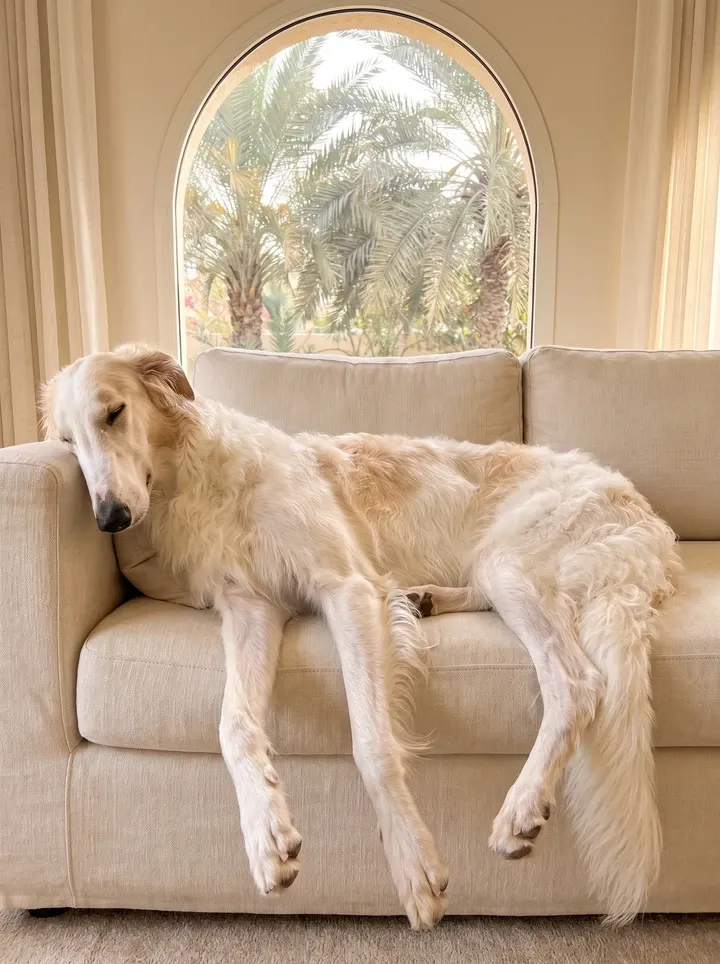 Borzoi in Dubai, a white and cream adult asleep across a cream sofa below an arched window onto date palms