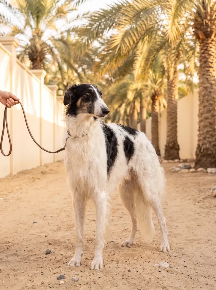 Borzoi in Dubai, a white and black adult on a lead on a sandy path between villa walls and date palms