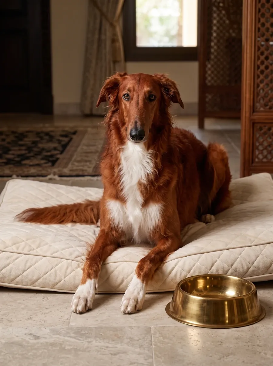Borzoi, a red and white adult lying on a padded bed beside an empty brass food bowl