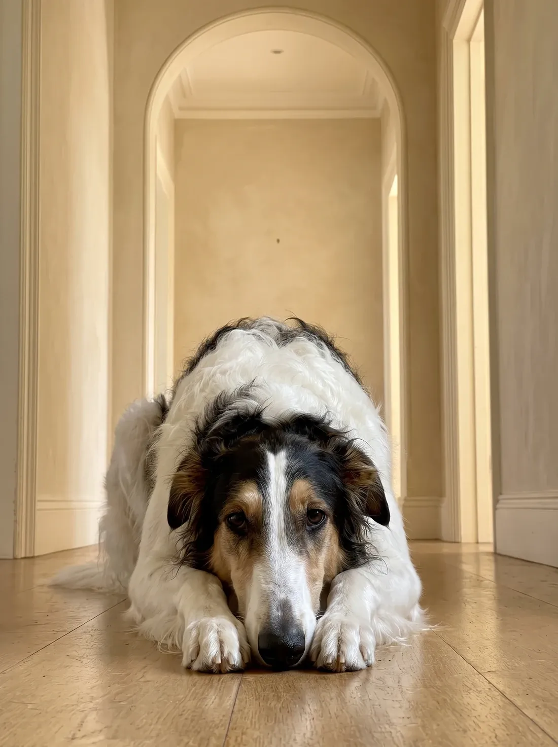 Borzoi, a white, black and tan adult lying in a cream hallway, chin resting on the front paws