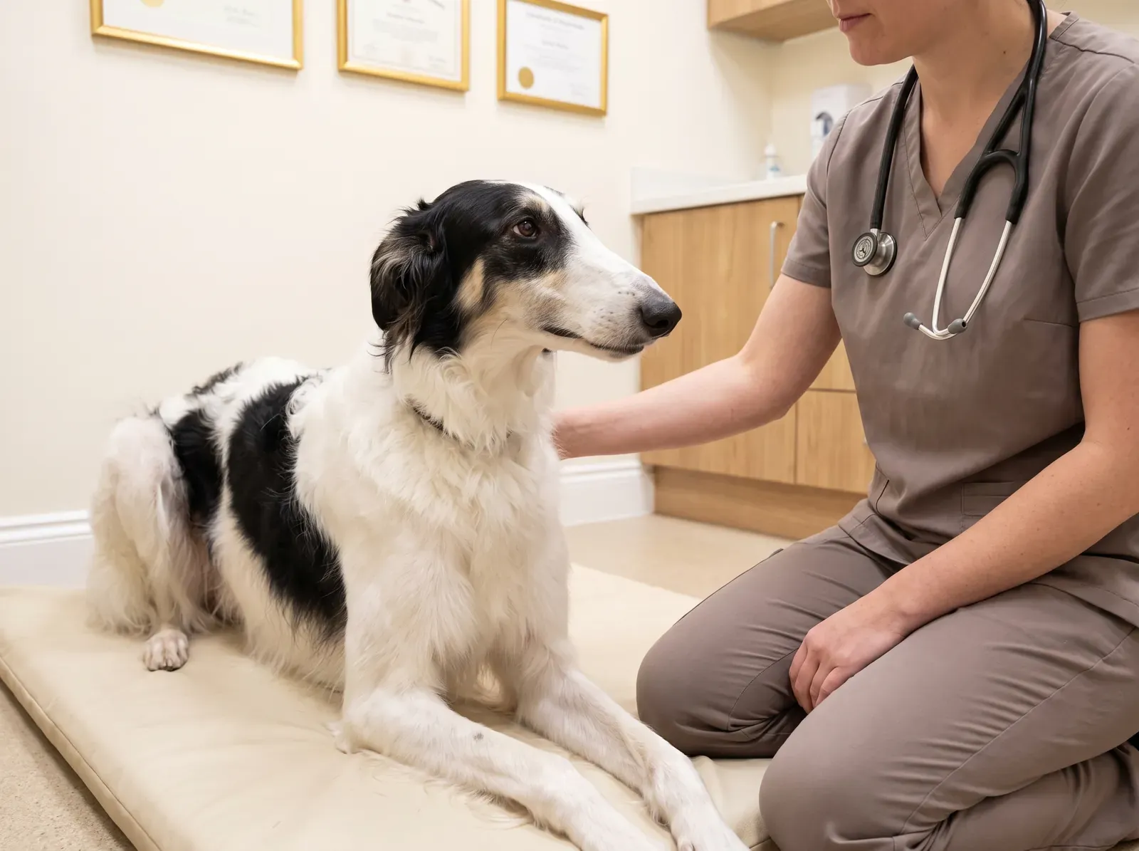 Borzoi, a white and black adult lying on a padded mat as a vet in taupe scrubs rests a hand on their shoulder