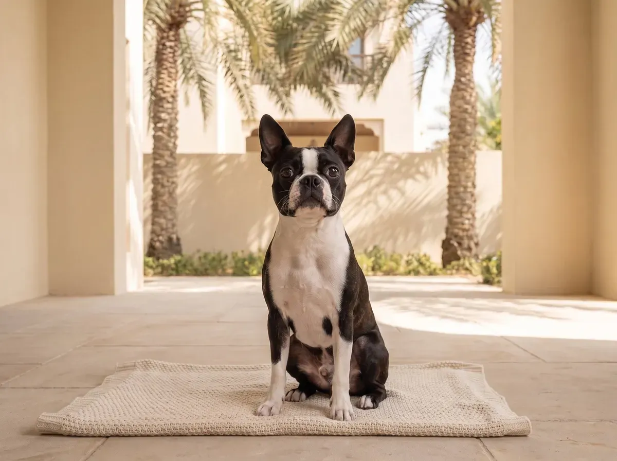 Boston Terrier in Dubai, a black and white adult sitting on a cream blanket on a shaded villa terrace, palms behind