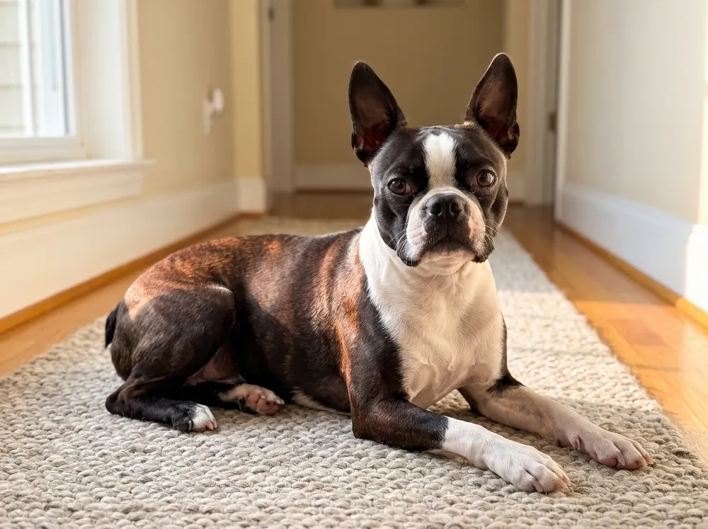 Boston Terrier, a seal and white adult lying on a woven rug in a bright hallway