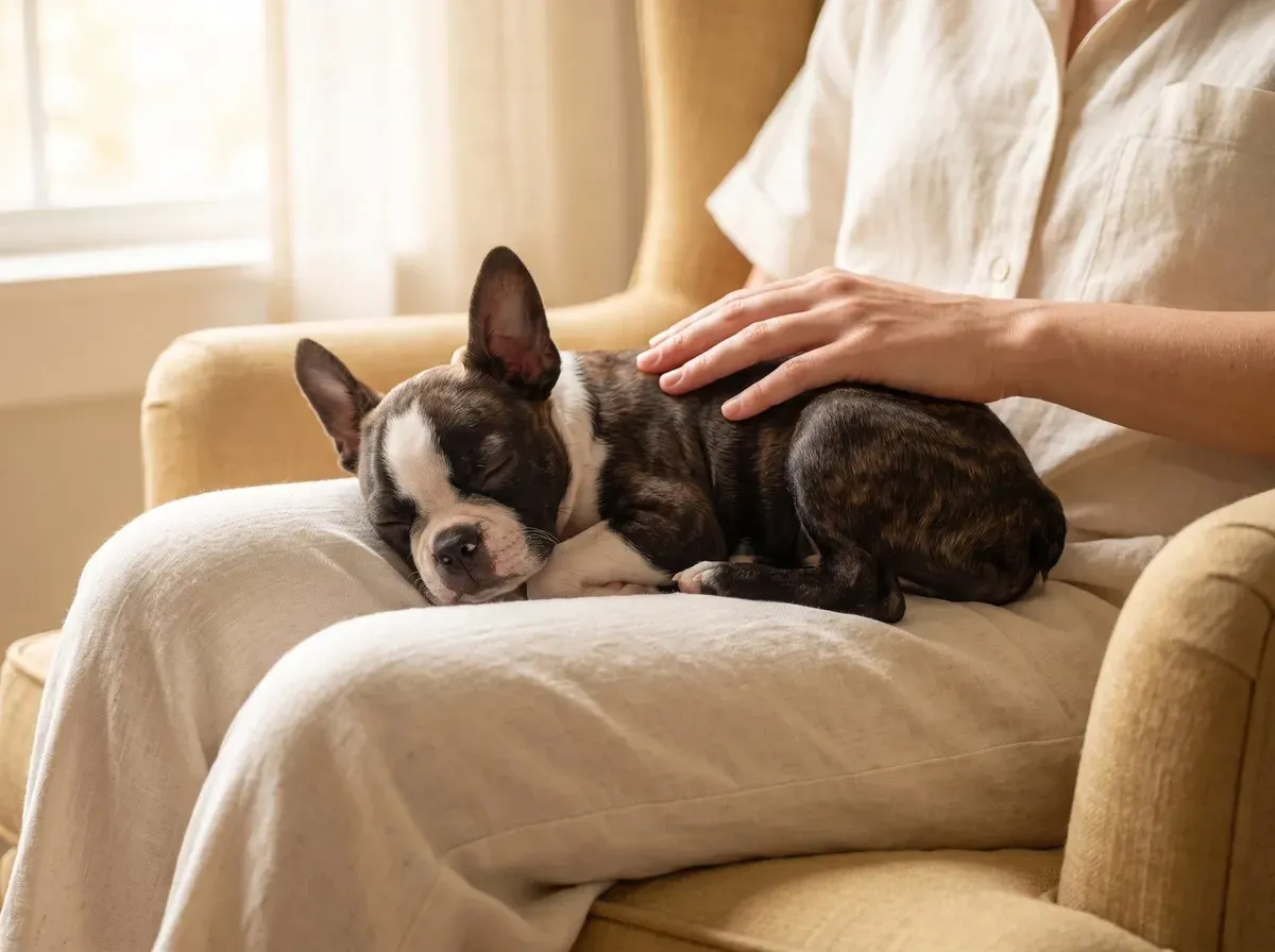 Boston Terrier, a brindle and white puppy asleep in a pet parent's lap in a linen armchair