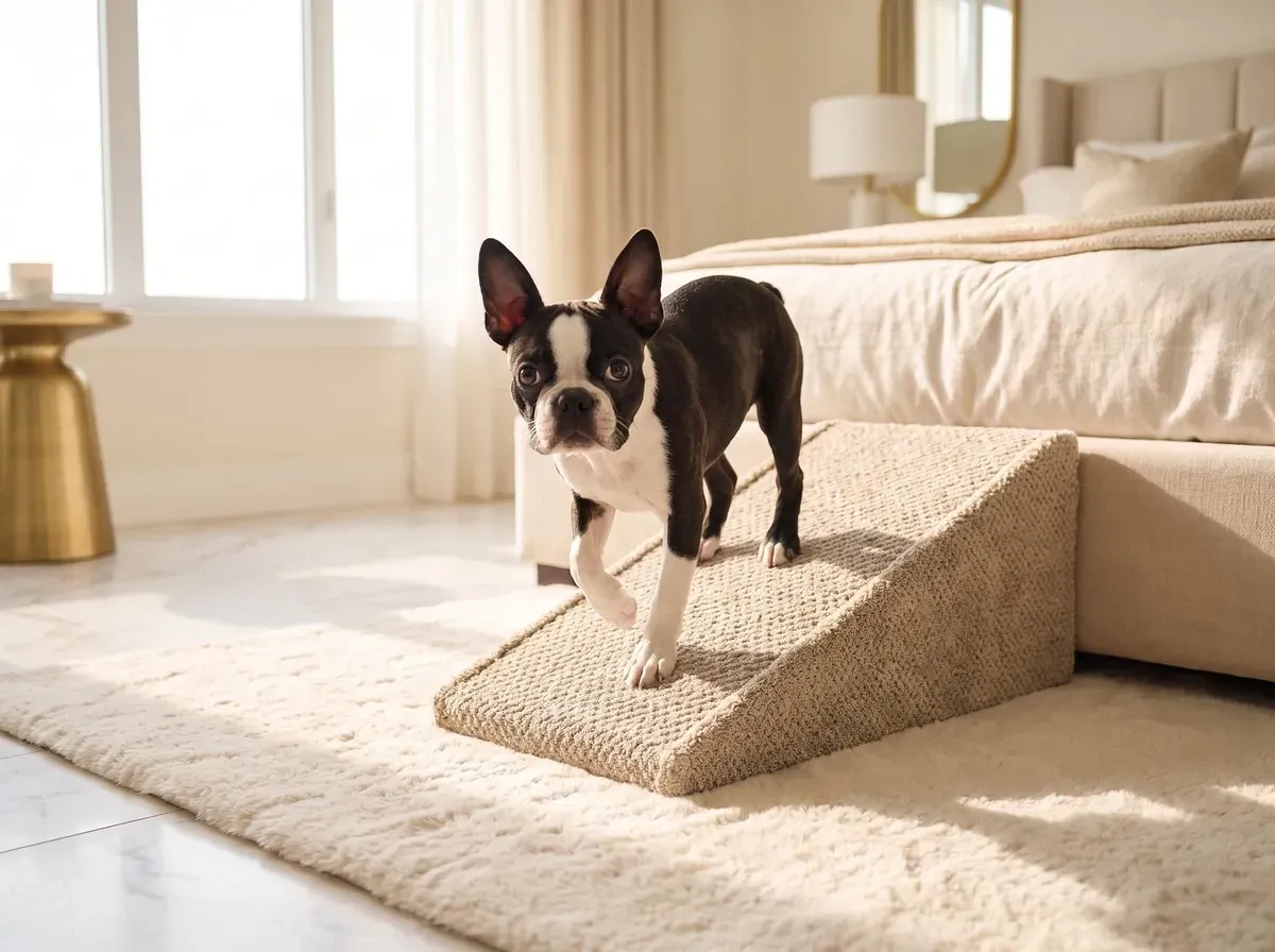 Boston Terrier, a black and white puppy stepping off a low ramp beside a bed in a bright bedroom