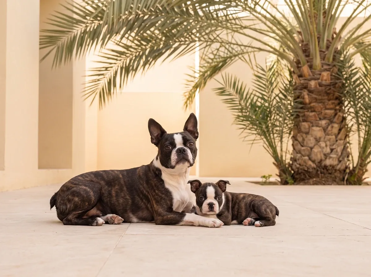 Boston Terrier in Dubai, a brindle mother lying beside a puppy in a shaded villa courtyard with a date palm