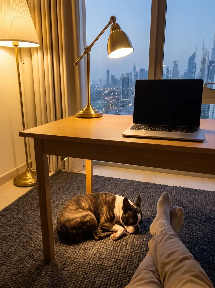 Boston Terrier in Dubai, asleep on a dark rug under a lamplit desk in the evening, the skyline beyond