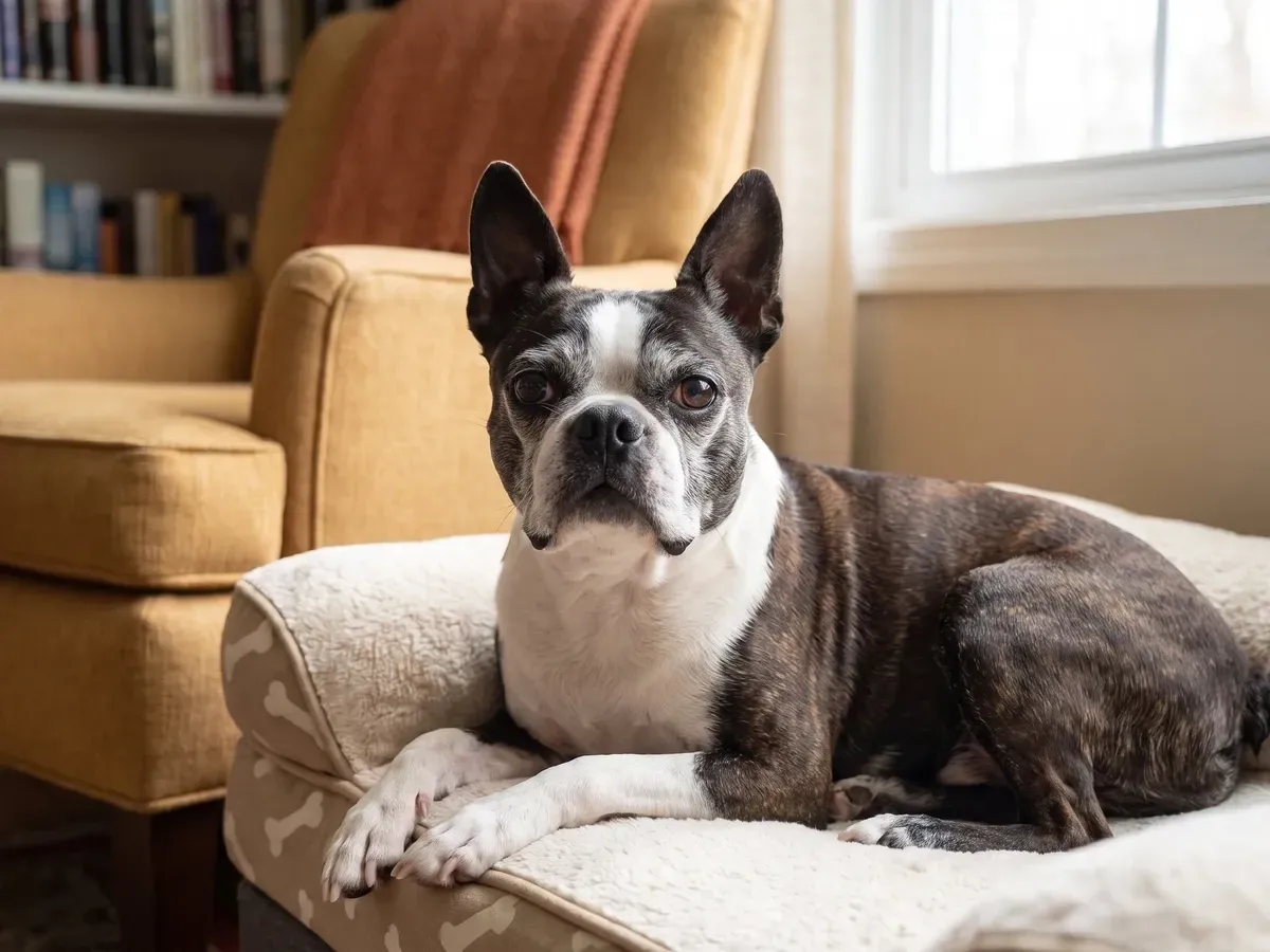 Boston Terrier, an older brindle dog with a greying muzzle resting on a soft bed by an armchair