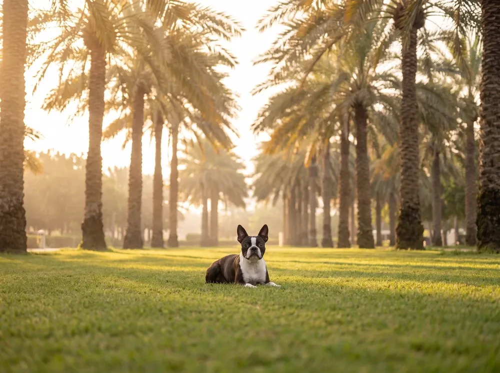 Boston Terrier history, the breed today, a brindle adult lying on a Dubai park lawn under date palms