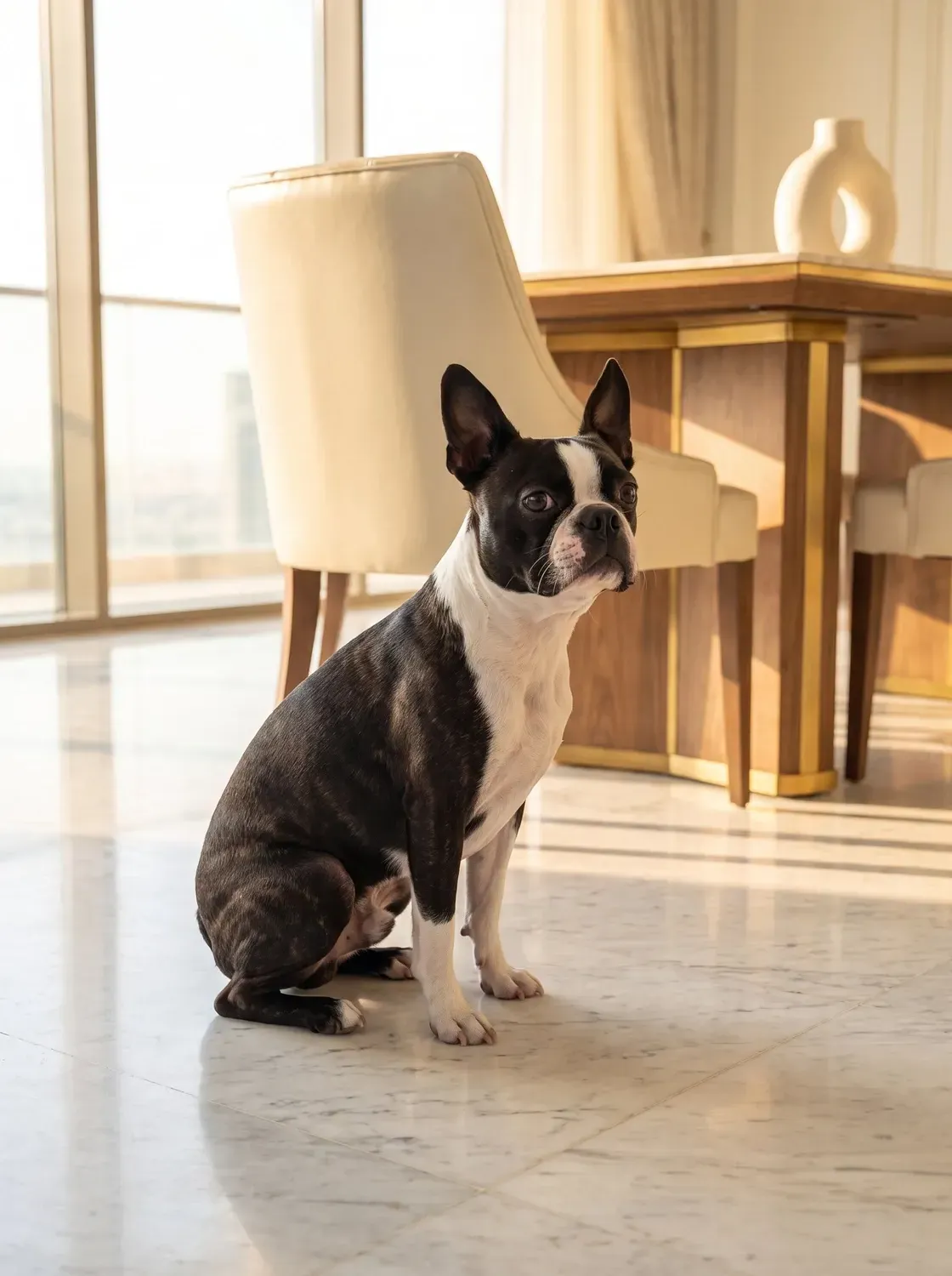 Boston Terrier, a black and white adult sitting side-on on cool marble in a bright flat