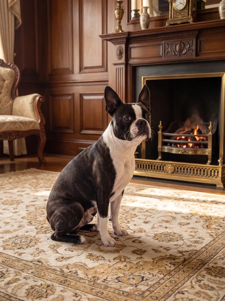 Boston Terrier, a black and white adult sitting side-on on a patterned rug in a 19th century parlour