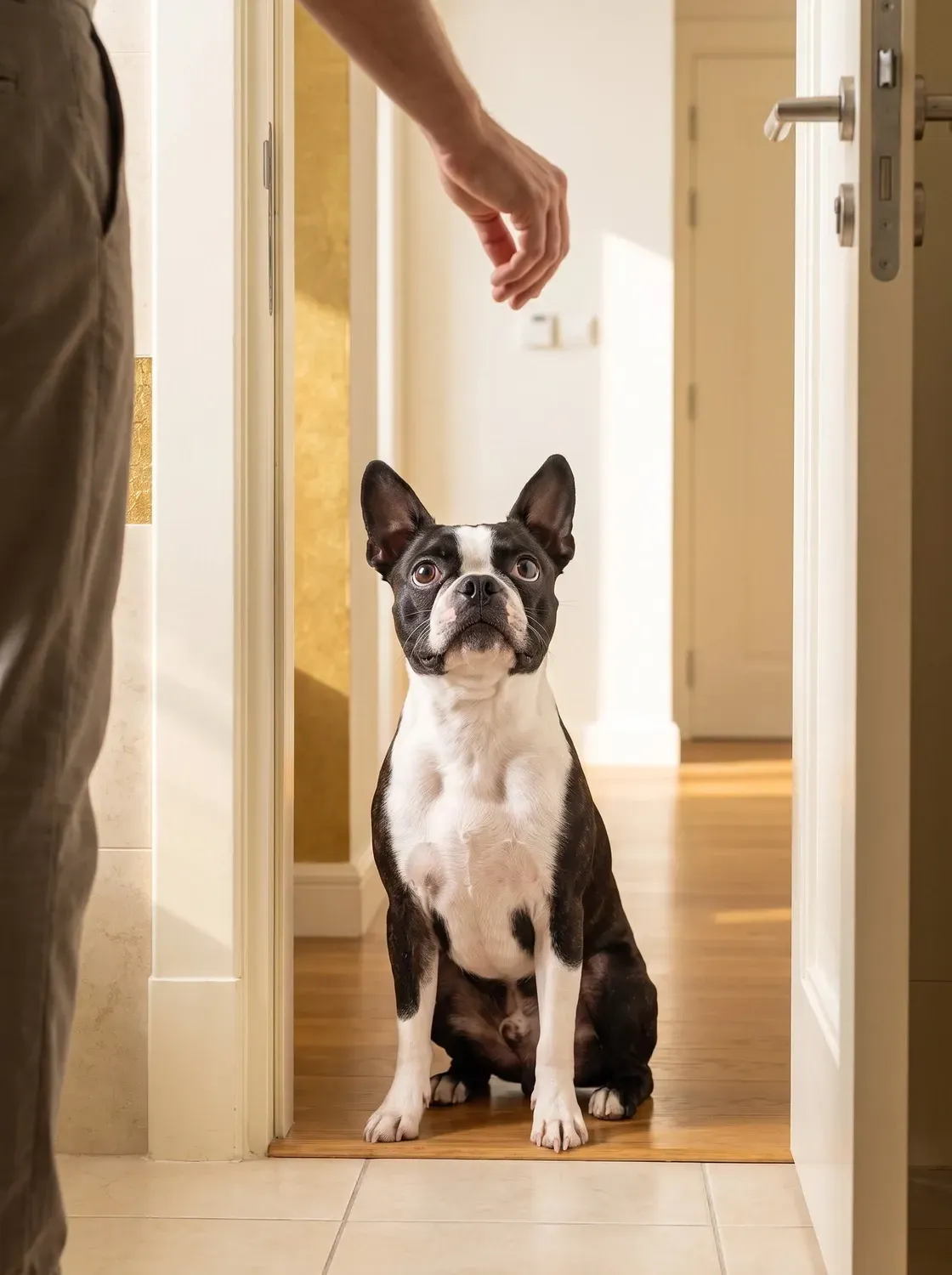 Boston Terrier, a black and white adult sitting in an open front doorway, looking up at a hand reaching down