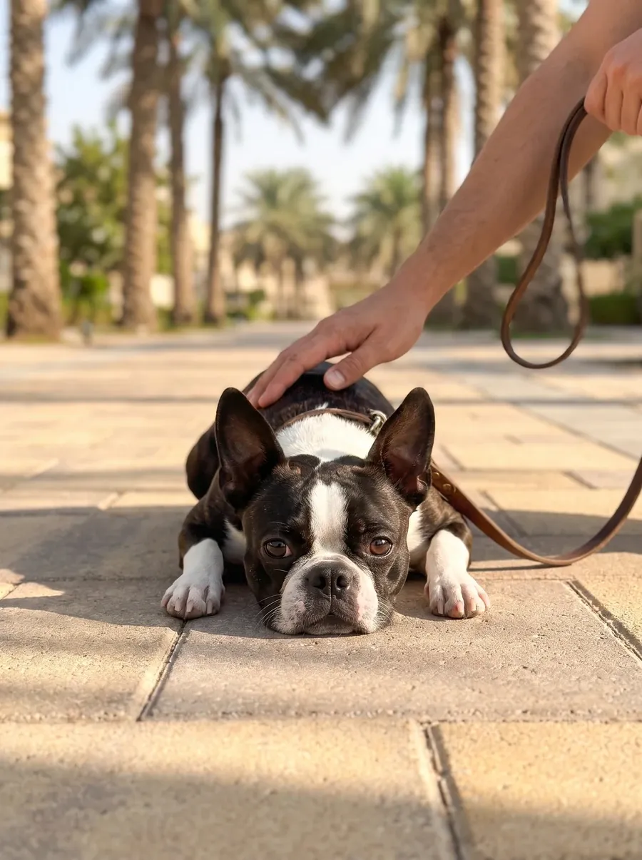 Boston Terrier in Dubai, a brindle and white adult lying flat on a palm-lined path at dawn, a hand on the dog's head
