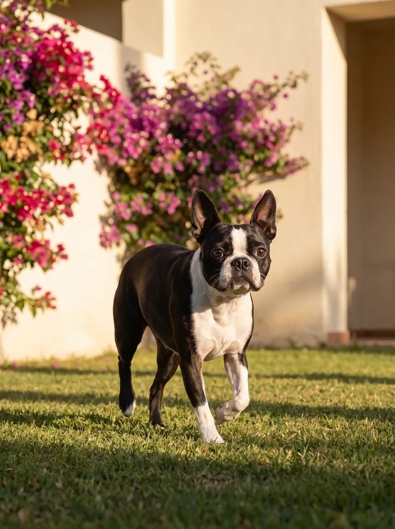 Boston Terrier, a black and white adult trotting across a villa lawn, bougainvillea on the cream wall behind