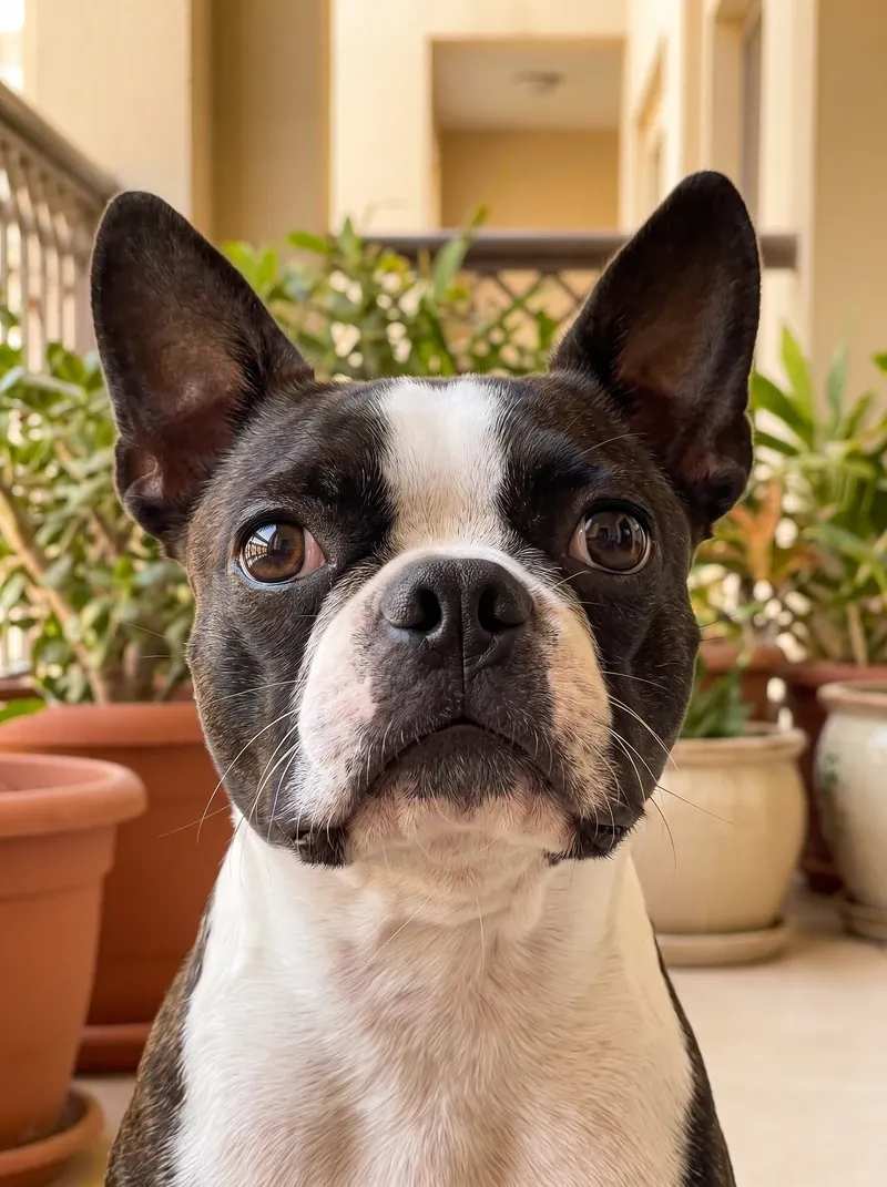 Boston Terrier, a close view of the face and large round eyes on a shaded balcony
