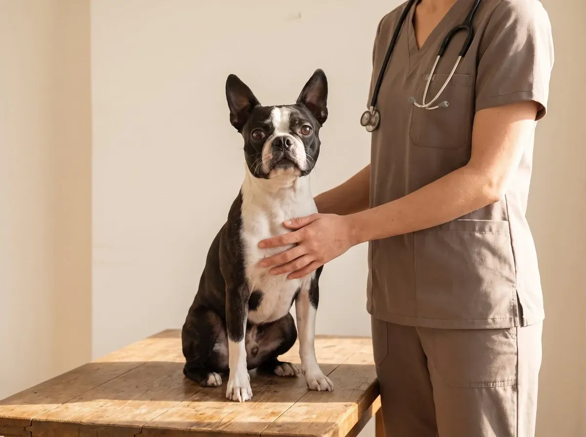 Boston Terrier, an adult sitting on a low timber table with a hand from a vet in taupe scrubs on the dog's chest