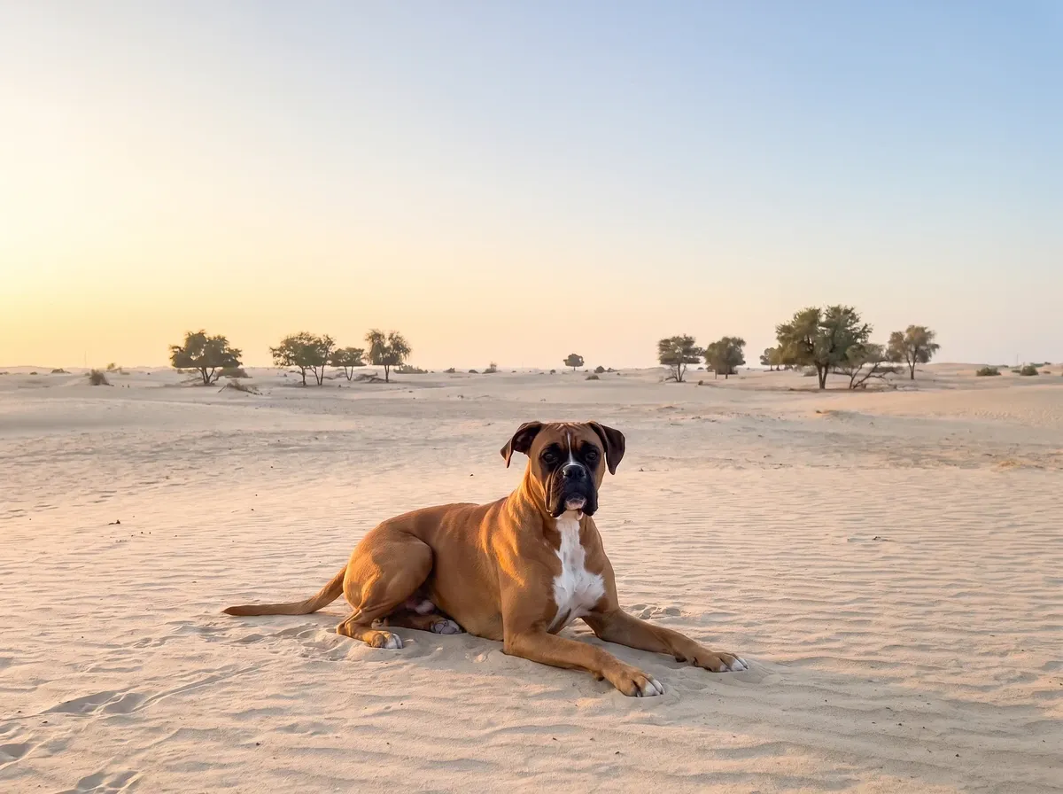 Boxer in Dubai, a red fawn adult lying on pale sand at the desert edge at sunrise