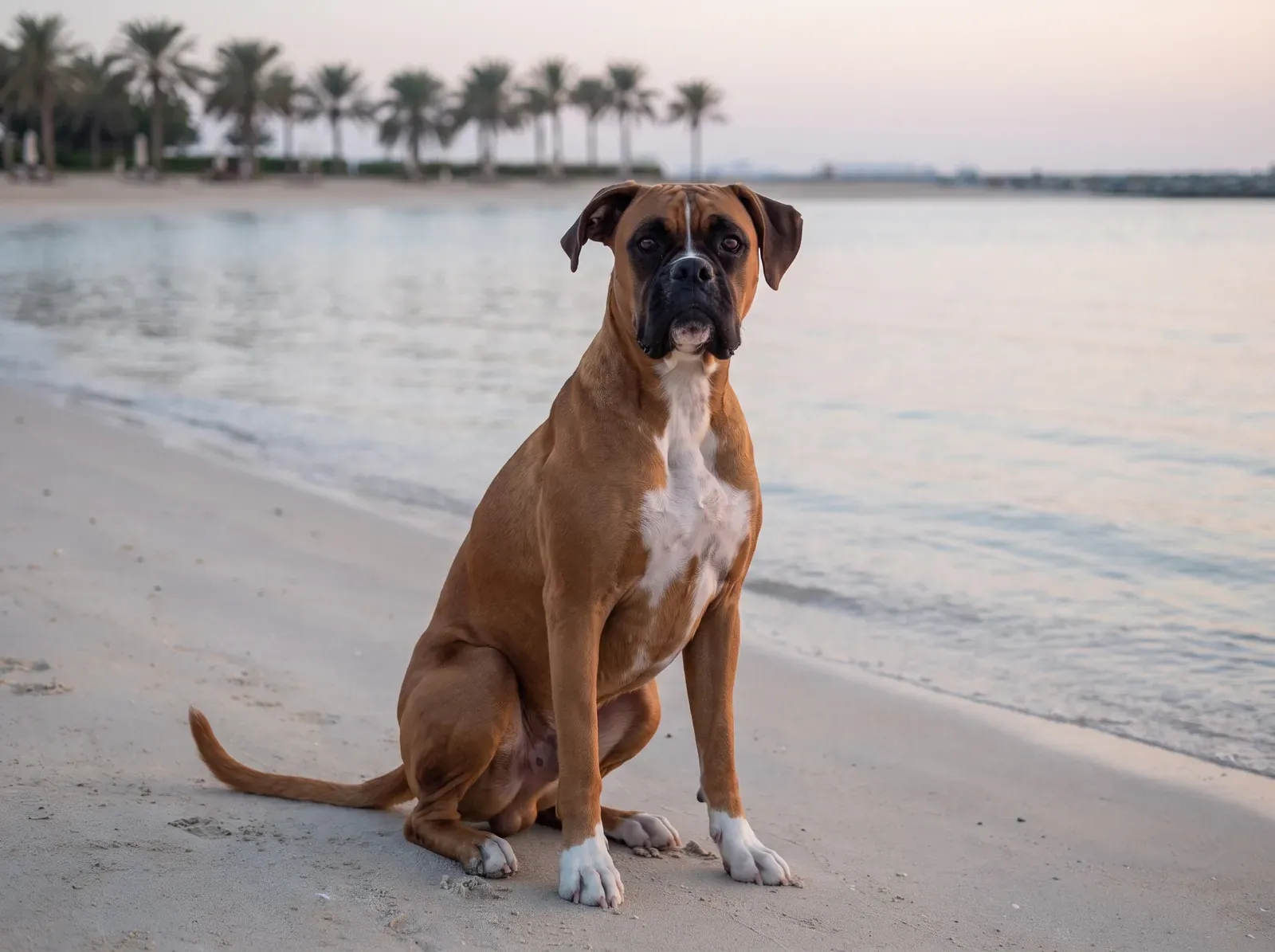 Boxer in Dubai, a fawn adult sitting at the water's edge on a beach at dusk, palms behind