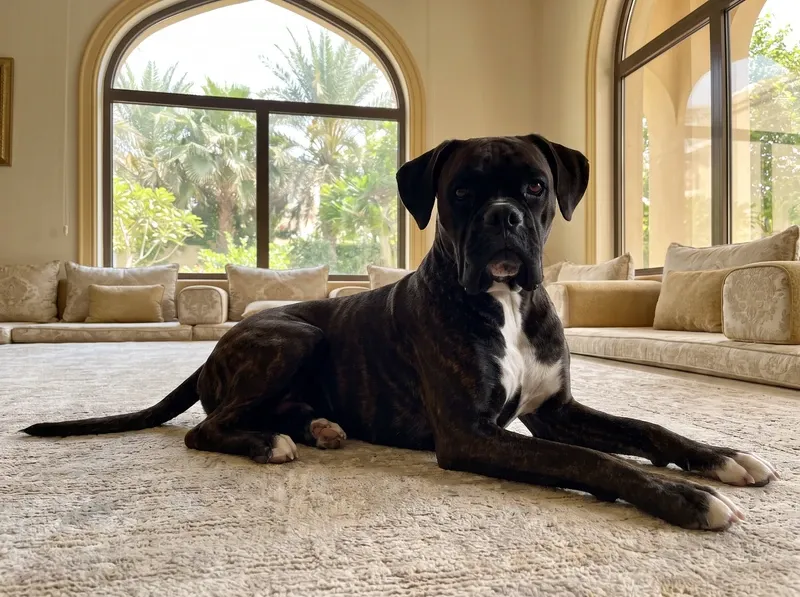 Boxer in Dubai, a dark brindle adult lying on a rug in a majlis below an arched window onto palms