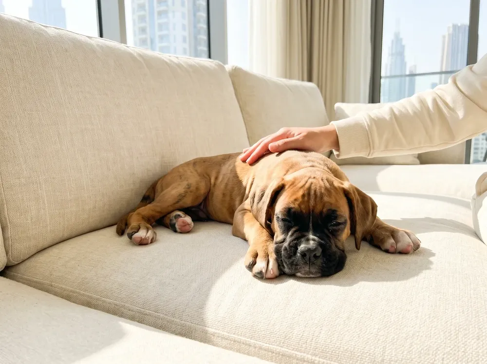 Boxer in Dubai, a light brindle puppy asleep on a linen sofa as a hand rests on their back, skyline behind