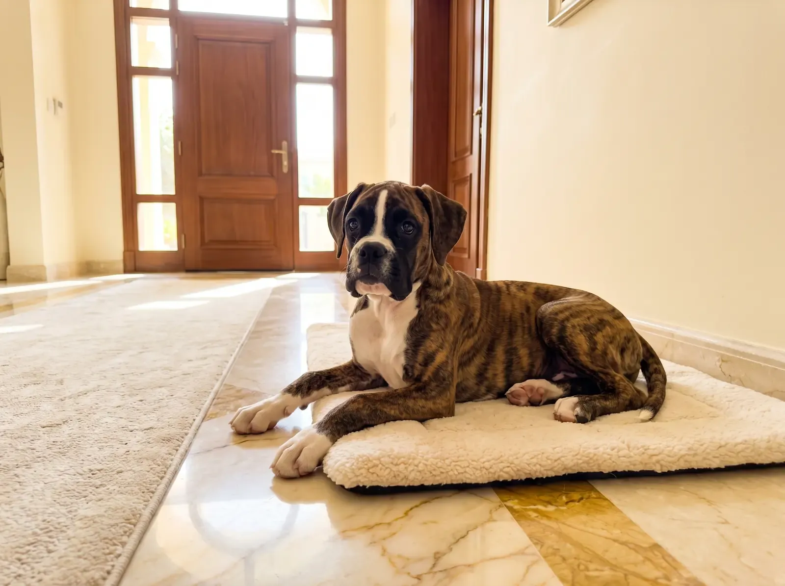 Boxer, a brindle puppy with a white blaze lying on a mat in a marble villa hallway