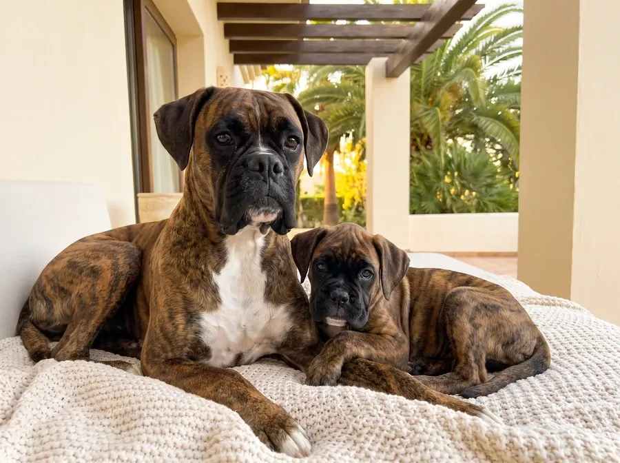 Boxer in Dubai, a brindle mother lying with one puppy on a shaded villa terrace with palms beyond