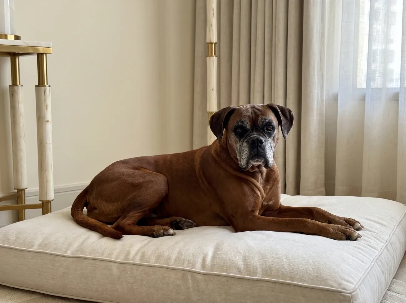 Boxer, an older mahogany dog with a greying muzzle resting on a cushioned orthopaedic bed