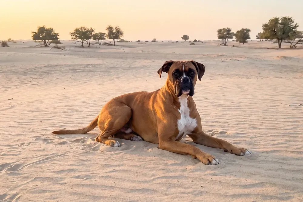 Boxer history, the breed today, a red fawn adult lying on pale desert sand, Dubai, 2026