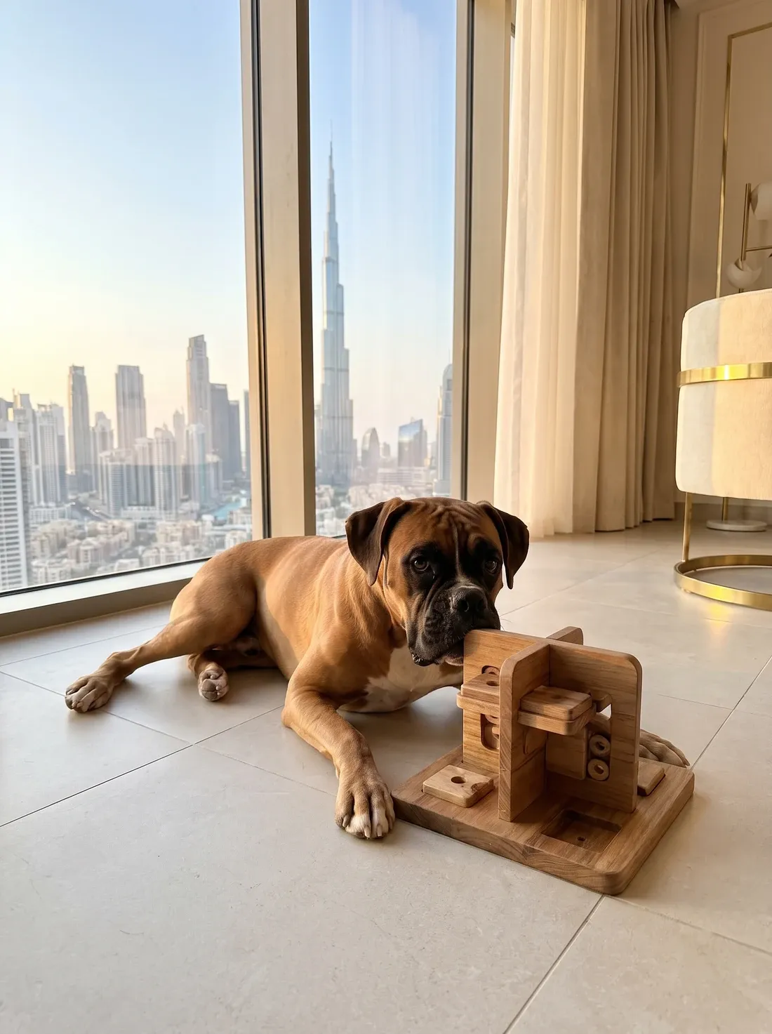 Boxer in Dubai, the same light fawn adult nosing a wooden puzzle feeder with the skyline behind