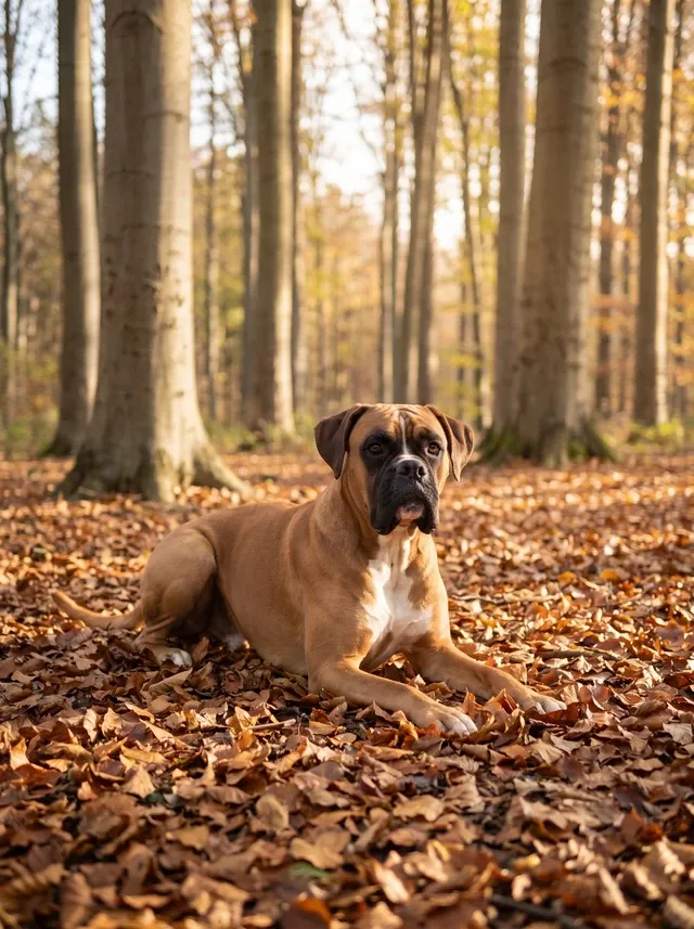 Boxer, a light fawn adult lying among fallen leaves in a beech forest clearing