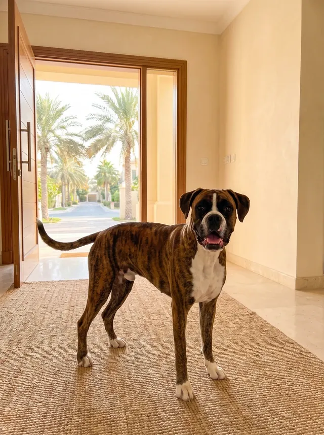 Boxer in Dubai, a brindle adult wiggling on a jute mat inside an open villa door onto palms