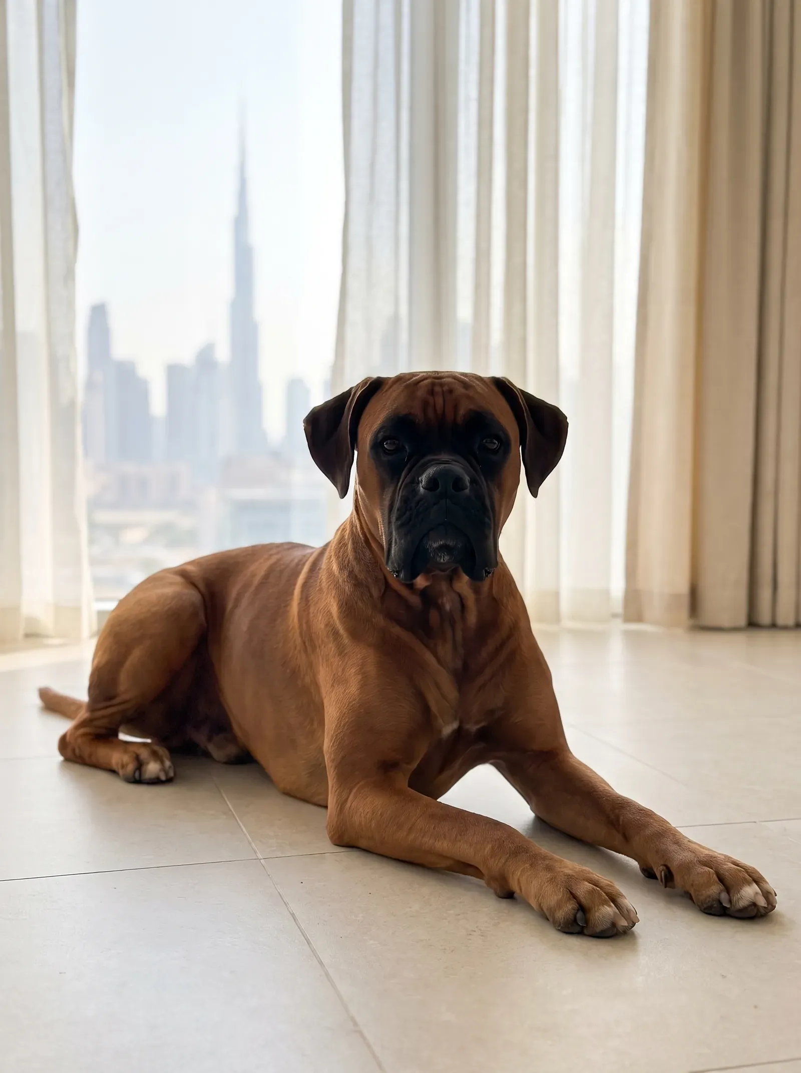 Boxer in Dubai, a mahogany fawn adult lying on cool tiles with the skyline behind sheer curtains