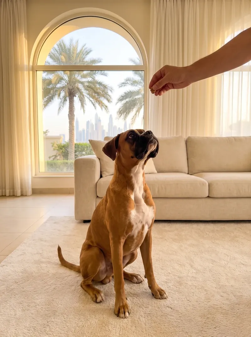 Boxer in Dubai, a young fawn dog sitting on a rug looking up at a treat, palms through an arched window
