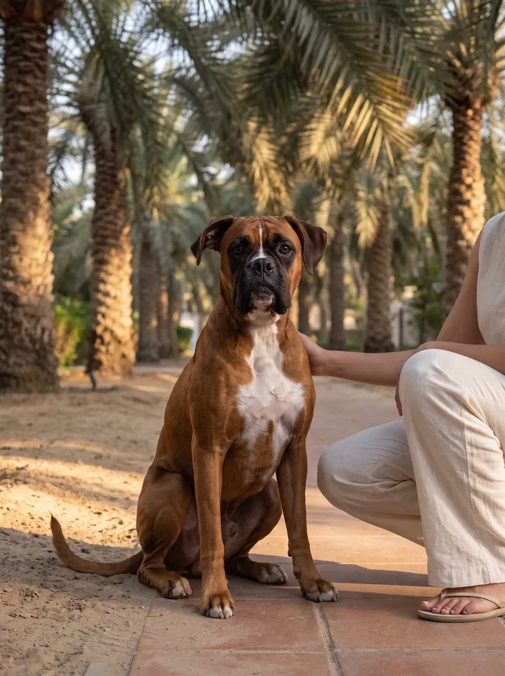 Boxer in Dubai, a red fawn adult resting in the shade of date palms beside a crouching pet parent