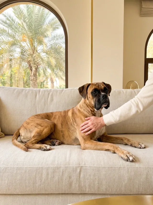 Boxer in Dubai, a light brindle adult on a linen sofa as a hand runs along their side, palms behind
