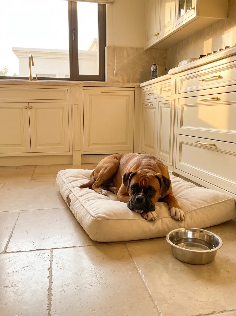 Boxer, a fawn adult lying on a cushion bed in a cream kitchen beside an empty steel bowl