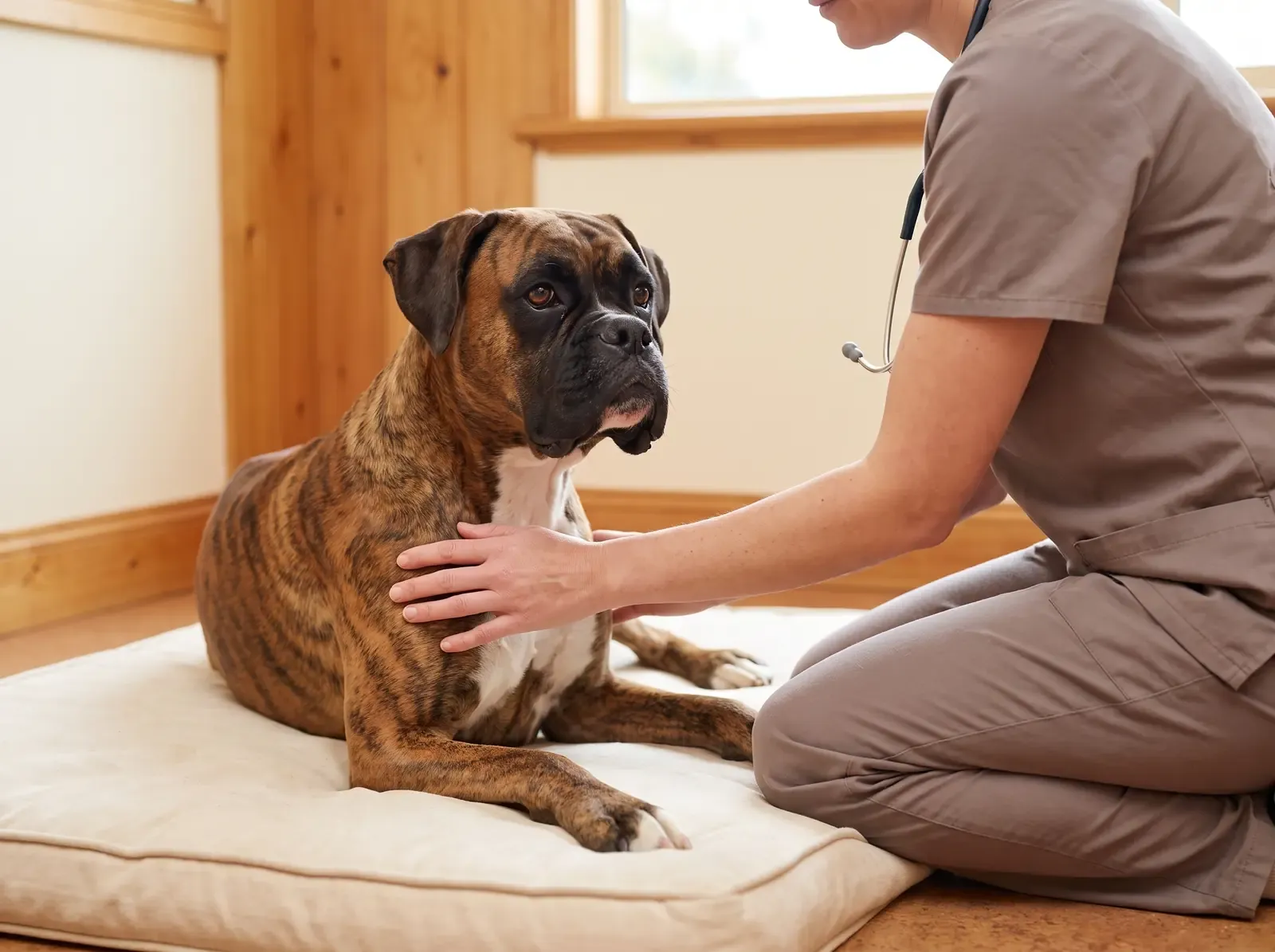 Boxer, a brindle adult lying on a padded mat as a vet in taupe scrubs rests a hand on their chest