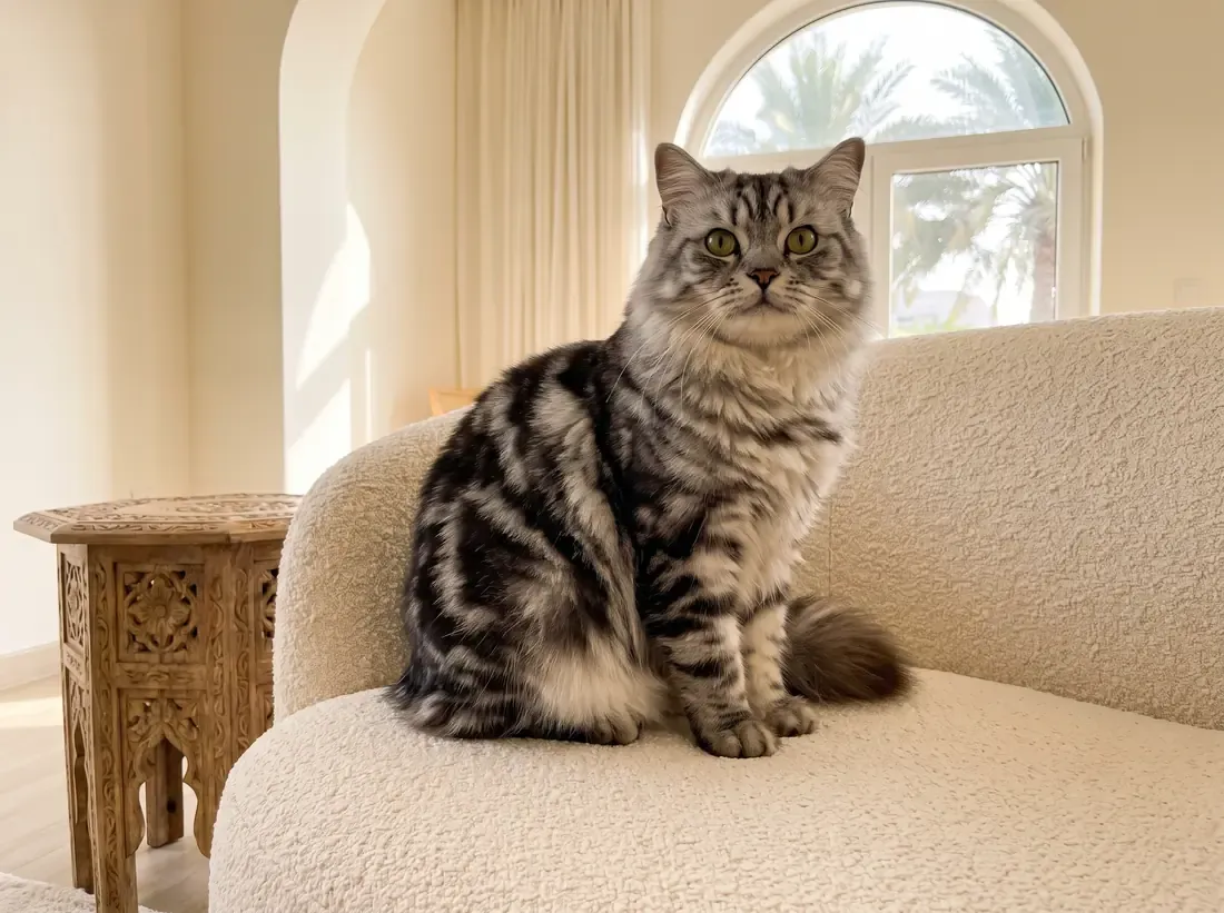 British Longhair in Dubai, a silver tabby sitting on a cream sofa, palms through an arched window