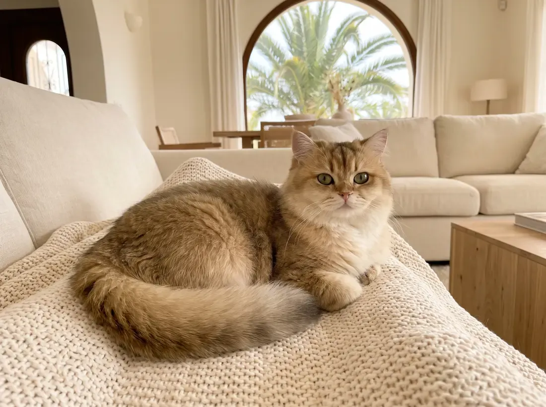 British Longhair in Dubai, a golden shaded adult with green eyes on a knitted throw, palms outside