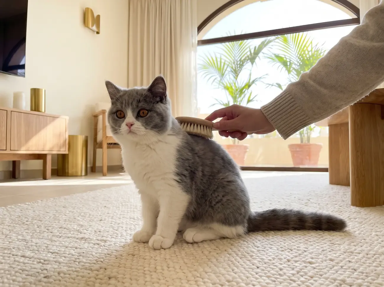 British Longhair in Dubai, a blue and white kitten being brushed on a rug, palms through the window