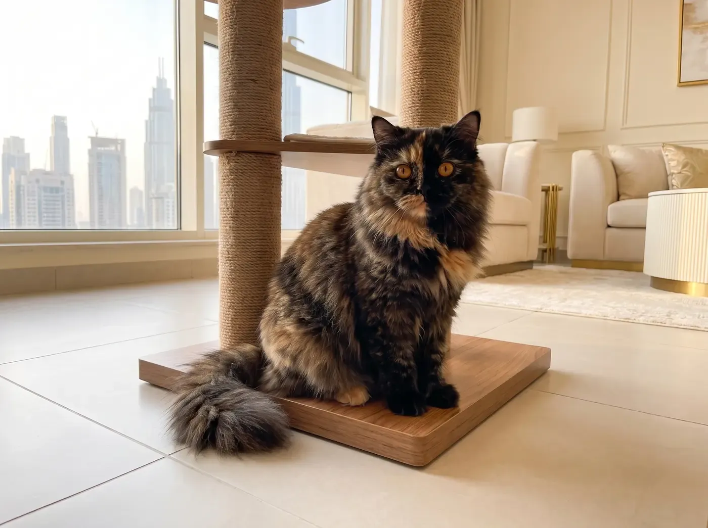 British Longhair in Dubai, a tortoiseshell adult on the base of a cat tree, the skyline behind